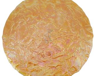 1063 - JSL Oceana Art Glass Serving Platter 14" (Description): JSL Oceana art glass serving platter  featuring a stunning iridescent finish in  warm amber and gold tones with pink  highlights. The platter has a textured,  organic surface with an irregular scalloped edge, creating a naturalistic appearance.  Measures14 inches in diameter.