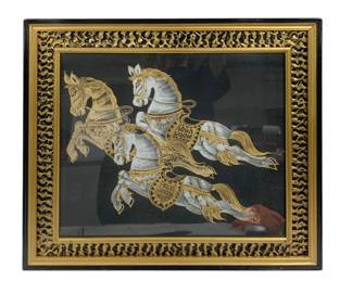 4295 - Framed Thai Silk Screen-Printed on Black Fabric (Description): 25 x 23 Under Glass.