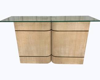 7117 - Wildwood Glass Top Console Table (Description): 33 x 58 x 18, glass top has some chips