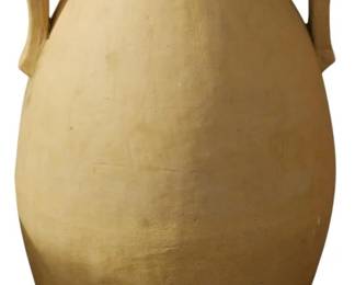 574 - Large Terracotta Two-Handled Amphora Pot 32" (Description): Large terracotta amphora-style pot featuring  two curved handles at the shoulders. The  vessel has a classic bulbous body tapering to  a narrow base with a short cylindrical neck  and flared rim. The unglazed clay has a warm tan coloration with a matte, slightly  textured surface. Measures 32 inches tall.