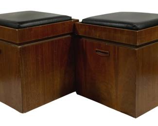 6201 - Pair Lane Mid-Century Game Ottomans (Description): has reversible tops with padded tops on one  side and chess or checker boards on other  side,