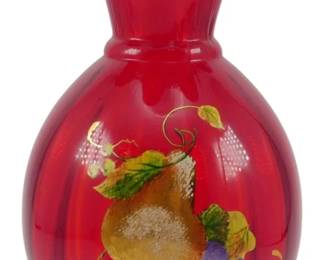 770 - Fenton Ruby Art Glass Vase w/ Ruffled Rim 9" (Description): Fenton ruby art glass vase featuring a  distinctive ruffled rim and melon-ribbed  body. The vase is decorated with hand-painted  fruit motifs including a pear, grapes, and  cherries with green leaves and vines. Measures 9 inches tall.