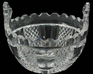 643 - Waterford Cut Crystal Butter Tub 4"x5" (Description): Waterford cut crystal butter tub featuring  intricate cut patterns and decorative  handles. Measures 4 inches by 5 inches.