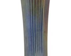 665 - Fenton Cobalt Blue Fine Rib Carnival Vase (Description): Vintage Fenton cobalt blue Fine Rib carnival  glass vase featuring the classic iridescent  finish characteristic of carnival glass. The  vase displays the distinctive Fine Rib  pattern with vertical ribbing throughout the body and a ruffled top edge. Measures 11  inches tall.