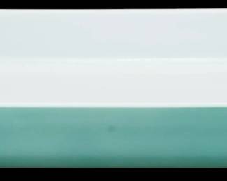 1199 - Pyrex Turquoise Rectangular Baker 2"x13"x8" (Description): Pyrex turquoise rectangular baker featuring  the classic robin's egg blue exterior with  white interior. This mid-century ovenware  piece measures 2 inches high by 13 inches  long by 8 inches wide. The baking dish has the signature smooth glass construction with  gently curved corners and integrated side  handles.