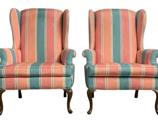 7550 - Pair Vintage Wingback Armchairs - 44 x 33 x 29 (Description): Featuring a Queen Anne Style Frame w/  Cabriole Legs and is Upholstered in a  Distinctive Striped Fabric.
