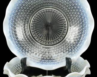 922 - 3 Anchor Hocking Moonstone Opalescent Bowls (Description): Three vintage Anchor Hocking Moonstone bowls  featuring the distinctive hobnail pattern  with opalescent white ruffled edges. The  clear glass bodies showcase the  characteristic raised bubble design with scalloped rims that transition to a milky  white opalescence at the edges, exemplifying  the classic Moonstone pattern produced by  Anchor Hocking.
