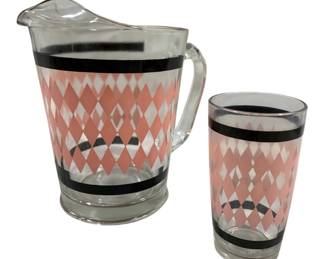 1366 - Mid Century Hazel Atlas Argyle Pitcher & Tumbler (Description): Pink & Black. Pitcher - 8.5 x 6 Cup - 5" Tall