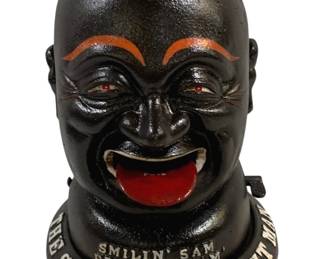 6342 - Salted Peanut Man Smilin Sam Bank Cast Iron (Description): 13.5 x 9.5