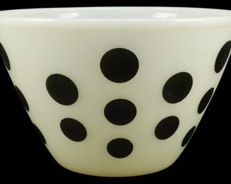 1020 - Vintage Fire King Polka Dot Bowl 4.5"x8" (Description): Vintage Fire King polka dot bowl in white  milk glass with black polka dot pattern. This  classic mid-century mixing bowl features the  distinctive tapered shape characteristic of  Fire King kitchenware. Measures 4 1/2" x 8".