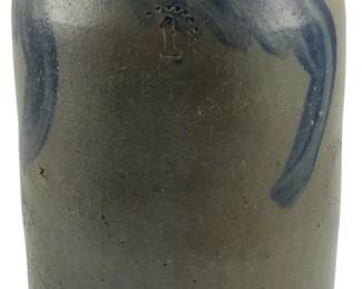 598 - 19th C 1 Gallon Blue Decorated Stoneware Crock (Description): A 19th century 1 gallon stoneware crock  attributed to the Parr Family. The crock  features cobalt blue decoration and an  impressed capacity mark. Measures 10 inches  tall.