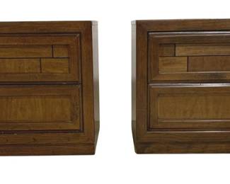 7592 - Pair Brutalist Mid-Century Nightstands by Dixie (Description): A pair of mid-century modern nightstands  crafted in warm walnut wood. Each nightstand  features two drawers with distinctive  geometric paneled fronts, creating visual  interest through varied wood grain patterns and dimensional molding. The design showcases  clean lines and substantial construction  typical of the era. Tops exhibit wear to  stain, buckling and scratches, also fraying  on edges at bases. Measurements: 24" x 26" x