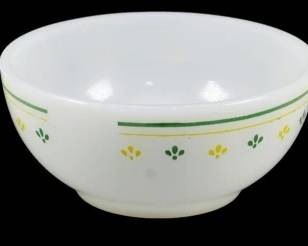 1094 - Set of 3 Thermocrisa Green & Yellow Bowls (Description): Set of three Thermocrisa milk glass bowls  featuring a charming decorative pattern of  green and yellow. Each bowl displays a design  with green horizontal stripes near the rim  and a repeating motif of green leaves and yellow floral elements around thebody. These  vintage Mexican-made bowls are in matching  condition. Measures 2 inches tall by 5 inches  in diameter.