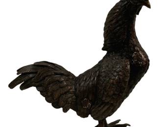 1537 - Metal Rooster Statue 18"x15"x8" (Description): Metal rooster statue featuring detailed  sculptural work with textured feathers,  fanned tail, and finely rendered feet. The  piece has a dark bronze-like patina finish  and displays excellent craftsmanship in the lifelike rendering of the bird's plumage and  stance. Measures 18 inches by 15 inches by 8  inches.