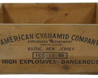 954 - Vtg American Cyanamid Co Explosives Crate (Description): Vintage American Cyanamid Company wooden  crate from the Explosives Department. This  dovetailed pine box features stenciled  lettering identifying it as originating from  Berdan Avenue, Wayne, New Jersey. Marked with ICC-14-65 classification and "HighExplosives  - Dangerous" warning text. The crate  displays a natural aged patina with visible  wood grain and wear consistent with  industrial use. Measures 8" x 18" x 12".