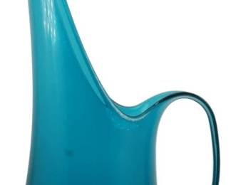 849 - Viking Glass Bluenique Swung Glass Pitcher (Description): Vintage Viking Glass Bluenique swung glass  pitcher featuring a distinctive elongated  pulled spout and applied handle. The piece  displays the characteristic deep teal blue  color of Viking's Bluenique line. Measures 15 inches tall.