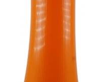847 - L.E. Smith Bittersweet Swung Vase 19.5" (Description): Mid Century L.E. Smith Bittersweet swung  glass vase featuring a distinctive elongated  form with vertical ribbing along the body.  The vase displays the characteristic orange  bittersweet coloration that graduates to a lighter amber tone at the decorative  diamond-patterned base, which rests on small  feet. The asymmetrical flared rim adds to the  dynamic mid-century aesthetic. Measures  19.5" tall.