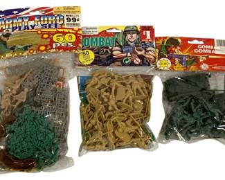 1587 - 3pc Lot Bags of Plastic Army Men Play Sets (Description): A collection of three bags of plastic army  men play sets. The lot includes an Army Force  Play Set containing 60 pieces, a Combat set  with 50 pieces and playmat, and a Combat set  from Dollar General. The figures come in various colors including green, tan, and  brown, representing classic military toy  soldiers in various action poses.