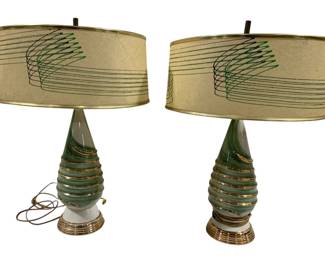 320 - 2 Vintage Mid Century Lamp - 28 x 19 (Description): Features a Green & White Ceramic Table Lamps. Used as is electric/electronic/mechanical  item. No guarantee all components, untested.