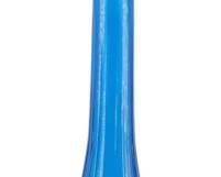 844 - Mid Century Empoli Blue Glass Genie Bottle (Description): Mid Century Empoli blue glass genie bottle  featuring a distinctive teardrop-shaped body  with ribbed vertical panels and an elongated  flame-shaped stopper. The translucent cobalt  blue glass showcases the characteristic Italian craftsmanship of the Empoli region.  Measures 22" tall.