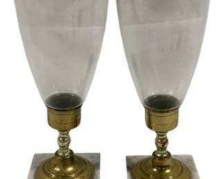 5606 - Pair Vintage Brass/Marble Hurricanes (Description): 12" Tall