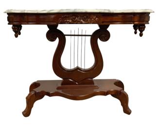 7516 - Lyre Base Marble Top Window Table (Description): 29 x 40 x 18