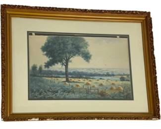 7650 - Framed Landscape Print w/ Gilt Frame 32"x25" (Description): A framed landscape print depicting a serene  waterside scene with a tree in the foreground  and a wooden fence or dock structure in the  background at sunset or sunrise. The print is  presented with cream matting and a decorative dark border, housed in an ornate  gilt wood frame with scrolling foliate carved  details, has some losses to carving.  Measures 32 inches by 25 inches overall.