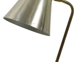 947 - Tensor Mid Century Desk Lamp (Description): Tensor Mid Century desk lamp featuring a  double-cone aluminum shade with black band  accent, mounted on a curved brass arm. The  lamp rests on a rectangular marble base. A  classic example of Mid Century Modern industrial design. Used as is electric/electronic/mechanical  item. No guarantee all components, untested.