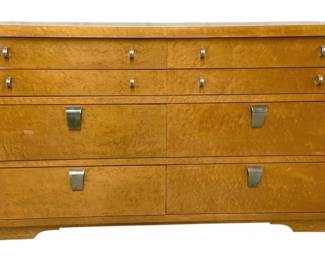 4763 - Mid Century United Furniture Burl Dresser (Description): 34 x 54 x 19, 8 Drawer, Birds Eye Maple  Veneer has some Scratches to Veneer  Consistent with Age.