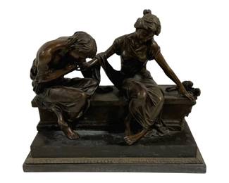 1539 - Bronze Sculpture of Two Figures on Bench (Description): Bronze sculpture depicting two classical  figures seated on a bench. The composition  shows a man bowing his head as he kisses the  hand of a seated woman in draped clothing,  who holds flowers in her other hand. The figures are rendered in detailed Neoclassical  style with rich brown patina. The sculpture  is mounted on a rectangular stepped base with  decorative border detailing. Measures  16"x14"x8".
