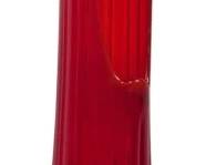 936 - L.E. Smith Amberina Ribbed Swung Vase 26" (Description): Vintage L.E. Smith amberina ribbed swung vase  featuring a striking red to amber gradient  coloring. The tall, slender form showcases  dramatic vertical ribbing that extends from  the bulbous base up through the elongated neck, culminating in an asymmetrical pulled  rim characteristic of mid-century swung glass  artistry. Measures 26 inches tall.
