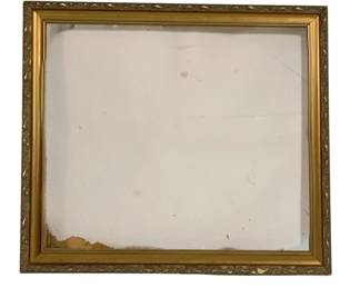 7727 - Vtg Gold Gilt Frame Wall Mirror 37"x42" (Description): Vintage wall mirror featuring an ornate gold  gilt frame with decorative leaf pattern outer  border and smooth inner molding. The frame  displays a classical style typical of  traditional decor. Mirror measures 37 inches by 42 inches. Shows age-related wear with  some foxing and surface marks to the mirror  glass.