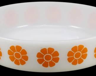 1095 - Vintage Federal Orange Daisy Bowl 2"x8" (Description): Vintage Federal milk glass bowl featuring a  cheerful orange daisy pattern around the  exterior. The white opaque glass provides a  striking contrast to the bright orange floral  motif, typical of mid-century kitchenware design. The bowl has a shallow,round form  suitable for serving or display. Measures 2  inches tall by 8 inches in diameter.