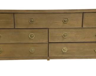 7520 - Hollywood Regency Style 7 Drawer Dresser (Description): Featuring Distinctive Hexagonal Brass  Hardware. 33 x 74 x 22