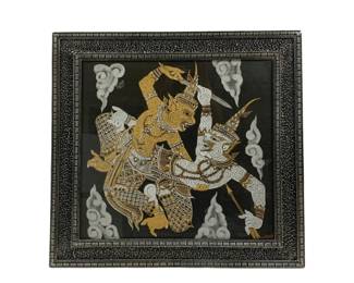 4294 - Framed Thai Silk Screen-Printed on Black Fabric (Description): 23 x 22 Under Glass.