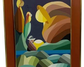 1717 - Vintage Modernist Art by Salas Davilia 40 x 30 (Description): Abstract modernist composition. The work  depicts stylized organic forms including what  appears to be figures, birds, and rocky  landscape elements rendered in bold,  geometric shapes. The color palette includes rich greens, warm earth tones of brown and  ochre, vibrant yellows, and deep blues  against a dark background. The painting is  signed by the artist in the lower right  corner. Presented in a gold-toned metal frame