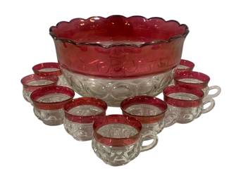 5933 - Red/Clear Glass Punch Bowl w/ 9 Cups (Description): Bowl - 13 x 7.5 Cups - 2.5" Tall