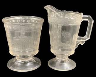 6802 - EAPG Adams & Co. Spoon Caddy & Creamer (Description): 6" Tall, Egyptian Revival
