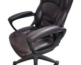 1409 - Office Chair 39"x25"x22" (Description): Office chair featuring padded upholstery with  cushioned armrests, mounted on a five-star  base with casters for easy mobility. Measures  39 inches tall by 25 inches wide by 22  inches deep.