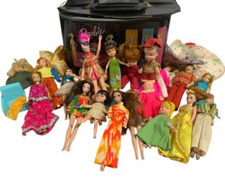 2012 - Vtg 1961 Mattel Barbie Ponytail Carry Case (Description): Vintage 1961 Mattel Barbie carry case  featuring the iconic Ponytail Barbie  graphics. This black vinyl hatbox-style case  displays colorful illustrations of Barbie in  various fashionable outfits against pink, yellow, and blue panels. The case features a  black plastic handle on the domed lid with  brass-toned hardware. Marked "T.M. Lic., & ©  by Mattel, Inc. 1961" and "Ponytail" on the  front. Contains miscellaneous items. Note: