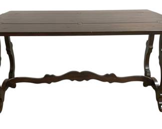 7719 - Flip Top Sofa Table 30"x54"x19" (Description): Dark wood flip top sofa table featuring  elegantly curved lyre-style legs connected by  a shaped stretcher. The table has a hinged  top that can be flipped open to double the  surface area. Spanish Colonial or Mediterranean style design with rich brown  finish. Measures 30 inches high by 54 inches  wide by 19 inches deep.