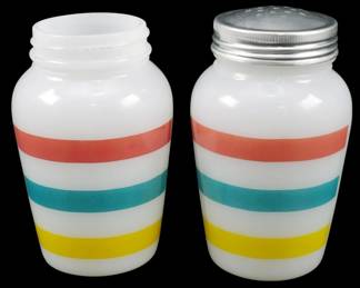 1110 - Pr Vtg Fire King Multi Stripe Shakers (Description): Pair of vintage Fire King milk glass shakers  featuring a multi-stripe pattern in coral,  turquoise, and yellow bands. One shaker  retains its original aluminum screw-on lid  with perforated top, while the other is missing its lid. Measures 4.5" tall.