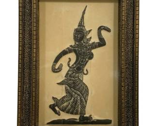 4307 - Framed Vintage Thai Temple Rubbing Artwork (Description): Raised Artwork Under Glass. 17 x 24