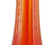 1055 - L.E. Smith Amberina 19" Swung Glass Vase (Description): Vintage L.E. Smith Amberina swung glass vase  featuring a dramatic elongated form with  ribbed body. The piece displays the classic  amberina coloration, transitioning from  vibrant red-orange at the top through warm amber tones to yellow at the fluted pedestal  base. The vase has an organic, tulip-like  opening with a wavy rim. Measures 19" tall.