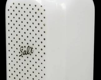 1230 - Vtg Milk Glass Salt Shaker w/ Black Metal Lid (Description): Vintage milk glass salt shaker featuring a  square-shaped body with chamfered corners.  The shaker displays a decorative panel of  black polka dots with 'Salt' written in  cursive script. Topped with a black metal screw-on lid with dispensing holes. A  charming example of mid-century kitchenware.