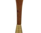 968 - Mid Century Modern Ceramic & Wood Table Lamp (Description): Mid-century modern table lamp featuring a  distinctive hourglass form. The lower section  consists of a ceramic body with a golden-tan  glaze and incised grid pattern, resting on a  rounded wooden base. The upper neck is carved wood with a natural warm finish,  tapering upward to the socket. Includes  original harp. Measures 38 inches tall. Used as is electric/electronic/mechanical  item. No guarantee all components, untested.