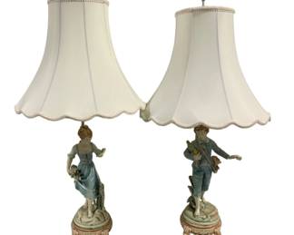 6863 - Pair Vintage Porcelain Figural Lamps (Description): 32" tall  Used as is  electric/electronic/mechanical item. No  guarantee all components, untested.