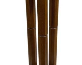 2001 - Wood Plant Stand 29.5"x12" (Description): Wooden plant stand featuring a round top  supported by four columnar legs with  decorative ring turnings. The legs connect to  a quatrefoil-shaped base with curved bracket  feet. The piece has a warm brown finish and displays traditional styling. Measures 29.5  inches in height by 12 inches in diameter.