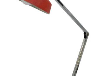 948 - Tenson Mid Century Red Articulating Desk Lamp (Description): Tenson Mid Century desk lamp featuring a red  enameled shade with a distinctive diabolo or  bowtie shape. The lamp has an articulating  chrome arm that allows for adjustable  positioning, mounted on a square red base with an on/off switch. The industrial modern  design is characteristic of mid-century  office and task lighting. Used as is electric/electronic/mechanical  item. No guarantee all components, untested.