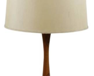 967 - Mid-Century Modern Teak & Brass Table Lamp (Description): Mid-century modern table lamp featuring a  turned teak wood body with an elegant tapered  silhouette, mounted on a brushed brass base.  The lamp includes a cream fabric drum shade.  Measures 32.5" tall. Used as is electric/electronic/mechanical  item. No guarantee all components, untested.